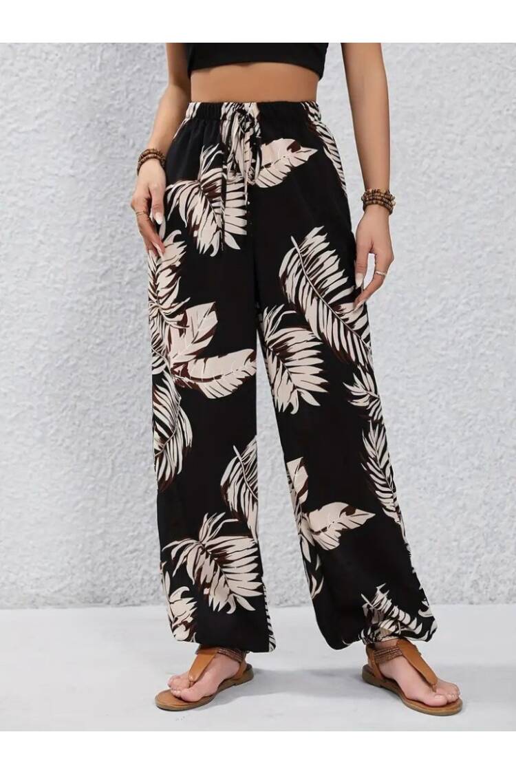 Women's High Waist Lace-up Leaf Print Suprem Pants - Mix Color