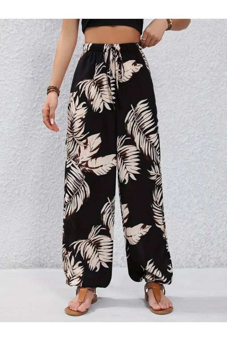Women's High Waist Lace-up Leaf Print Suprem Pants - Mix Color