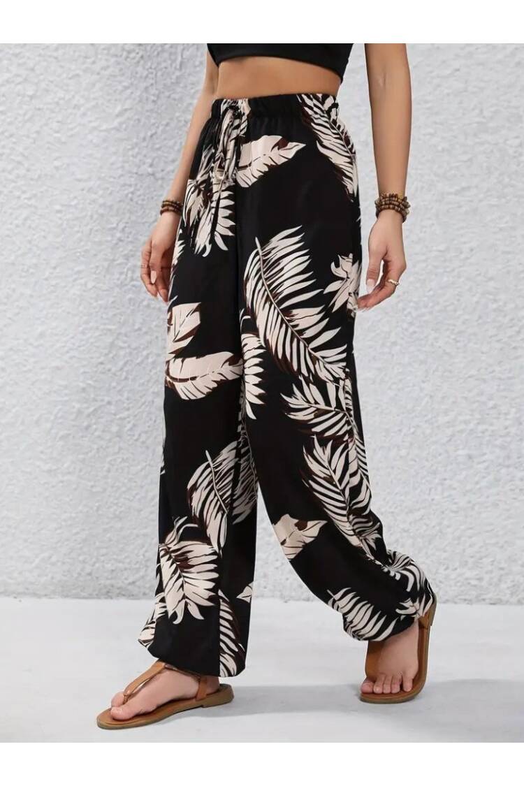 Women's High Waist Lace-up Leaf Print Suprem Pants - Mix Color