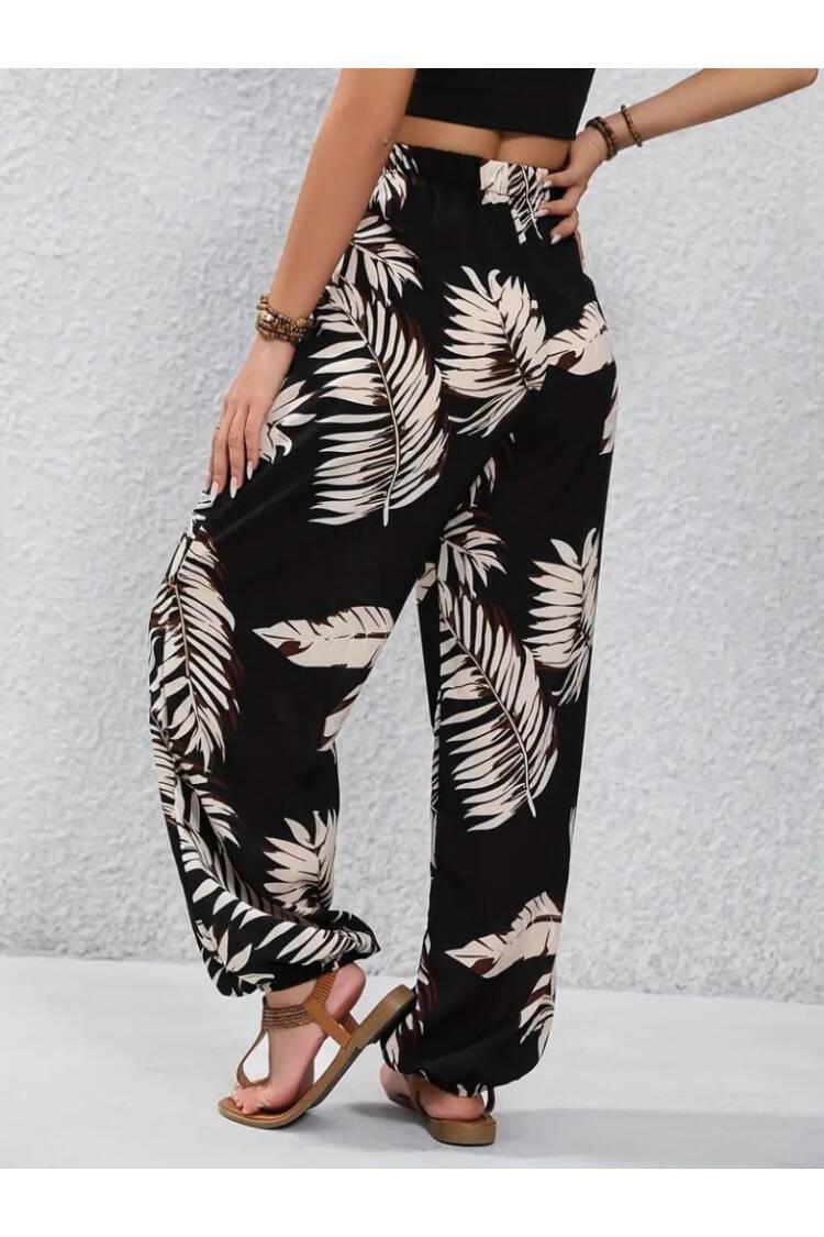 Women's High Waist Lace-up Leaf Print Suprem Pants - Mix Color
