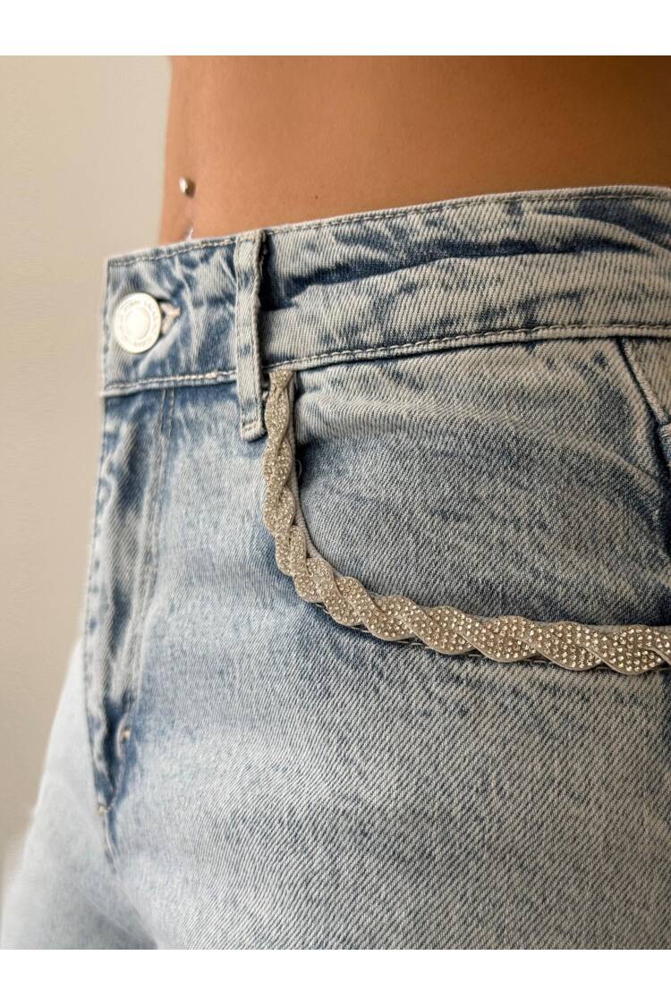 High Waist Front Pocket Stone Embroidery Detailed LightJeans