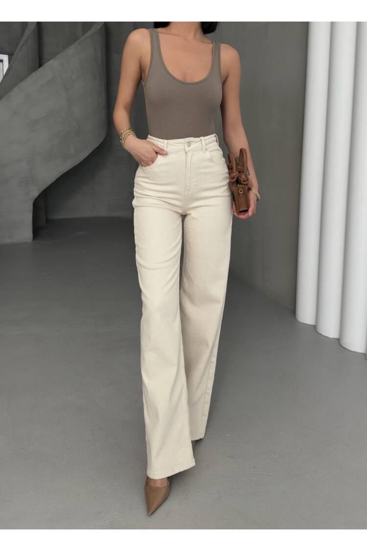Women's High Waist Loose Fit Natural Belt Knit Detailed Jeans Pants