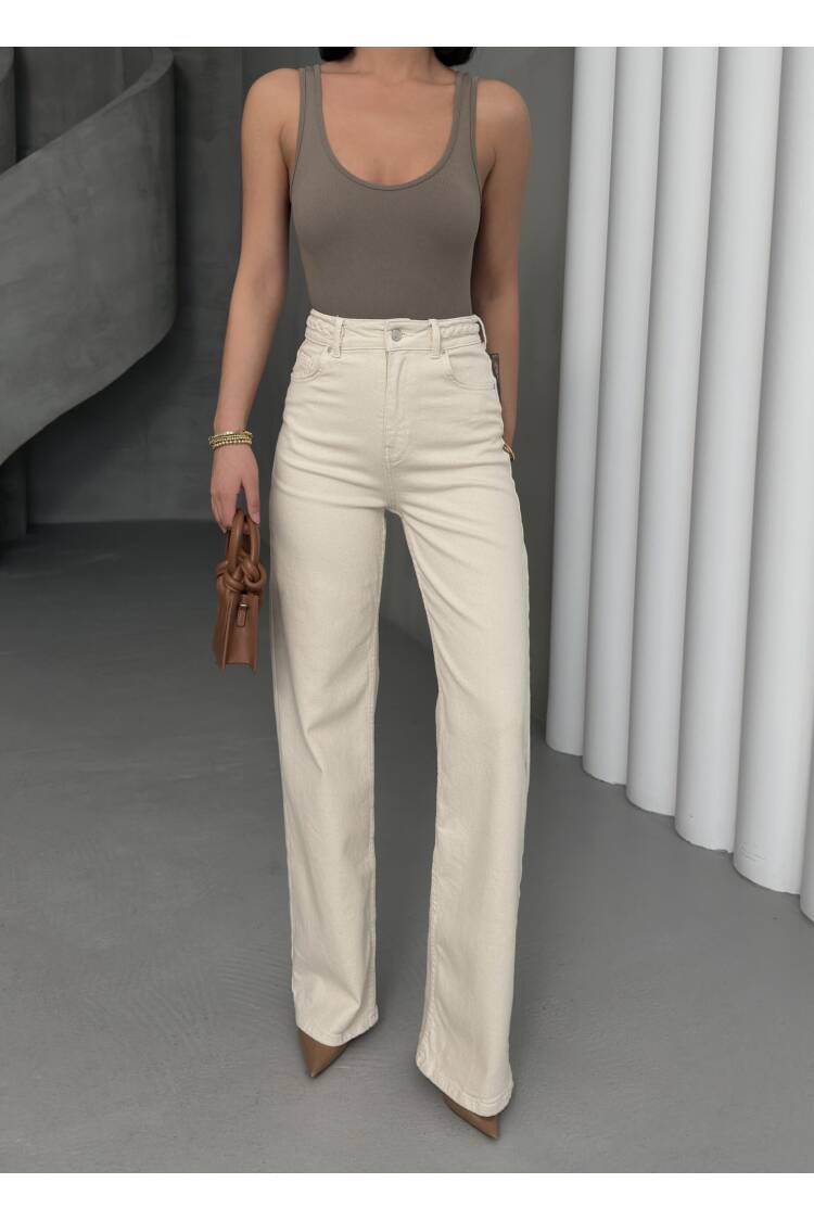 Women's High Waist Loose Fit Natural Belt Knit Detailed Jeans Pants