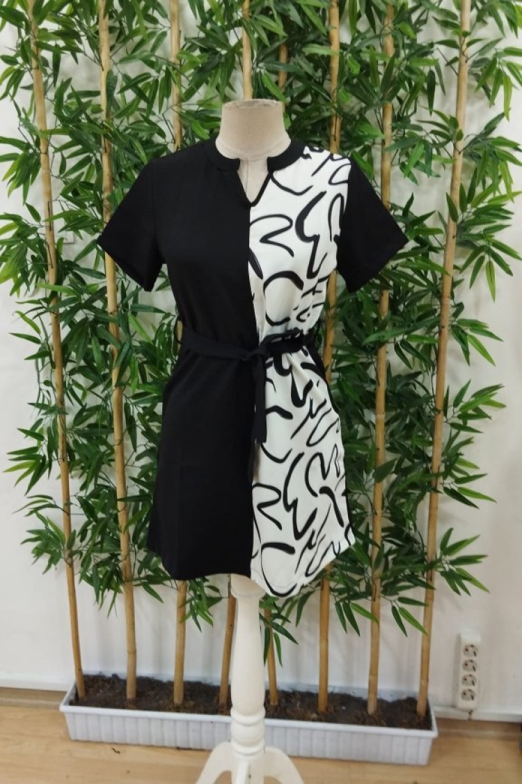 Women's Short Sleeve V-Neck Double Color Patterned Belted Waist Atlas Dress - Black