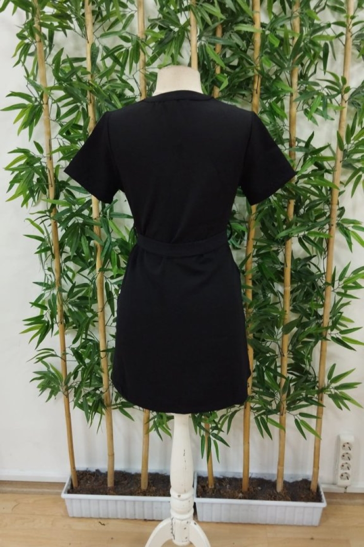 Women's Short Sleeve V-Neck Double Color Patterned Belted Waist Atlas Dress - Black