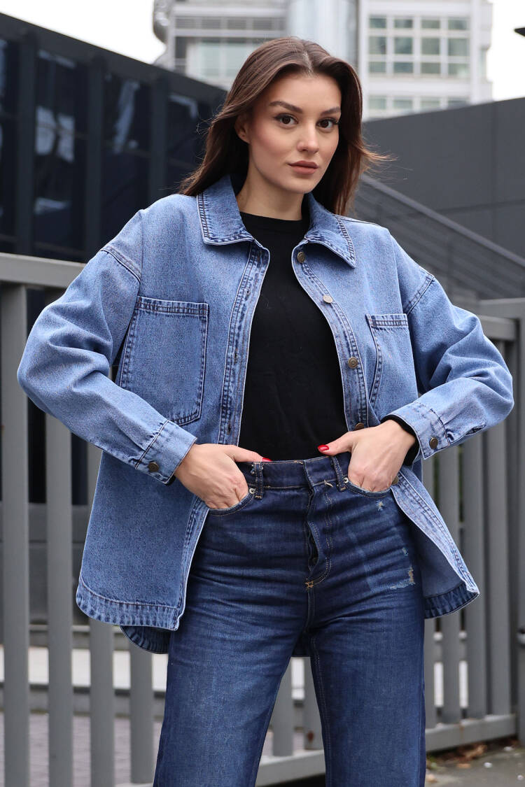 Denim Jacket With Pockets - Dark Blue - Bigdart - Globality Store - Women Clothes Wholesale Turkey