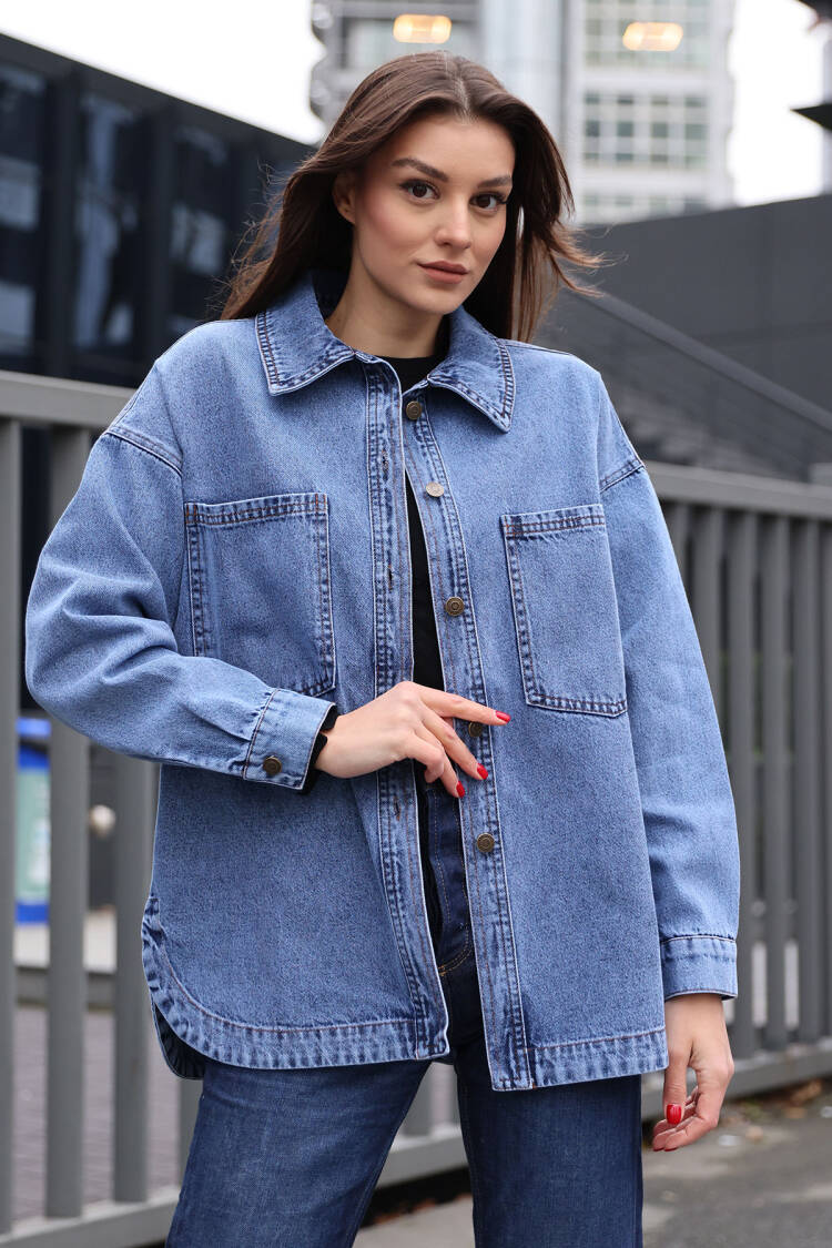 Denim Jacket With Pockets - Dark Blue