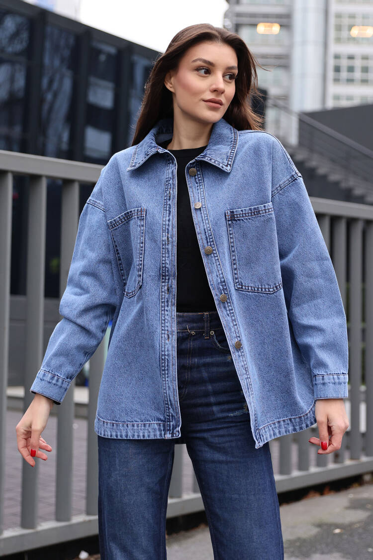 Denim Jacket With Pockets - Dark Blue