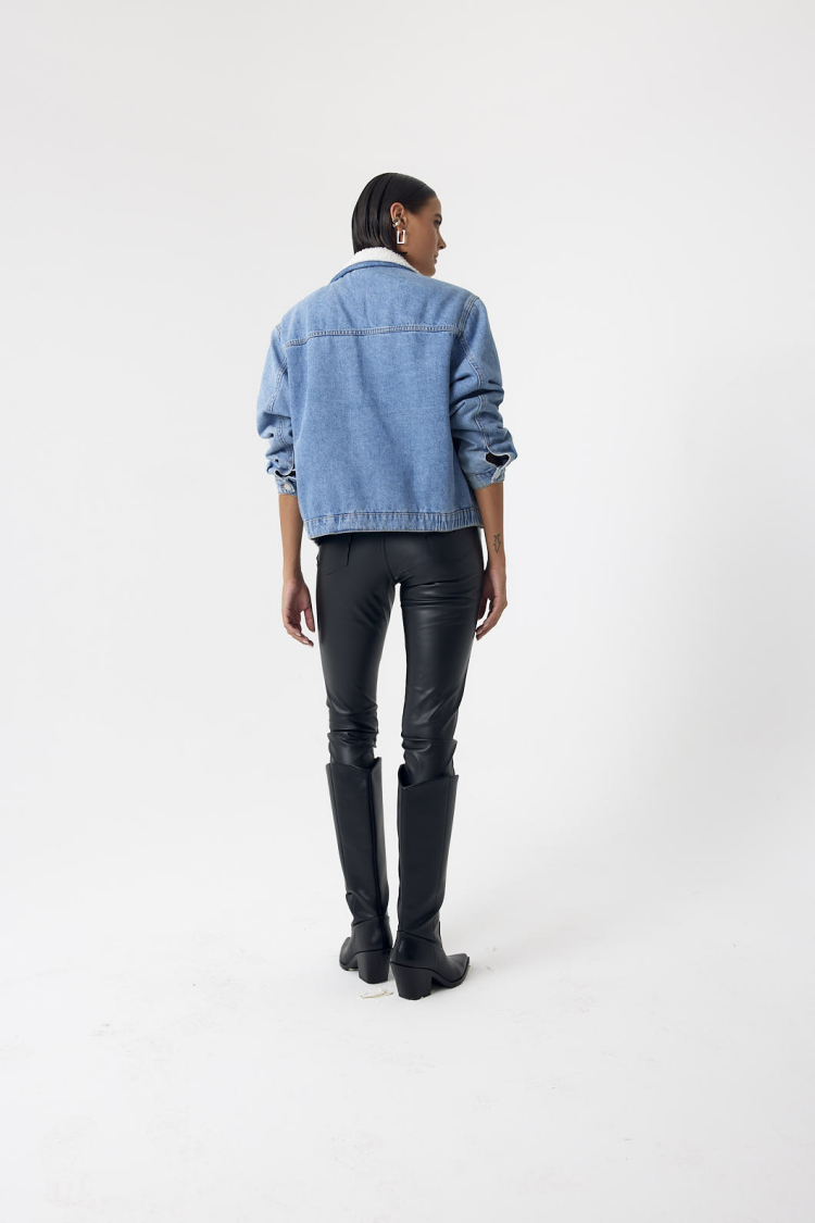 Plush Detailed Denim Jacket - Blue