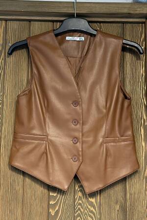 Leather Vest - Tan - Cream Rouge - Globality Store - Women Clothes Wholesale Turkey