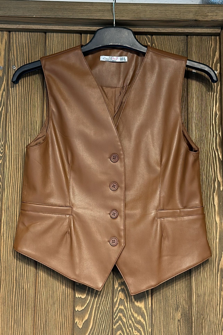 Leather Vest - Tan - Cream Rouge - Globality Store - Women Clothes Wholesale Turkey