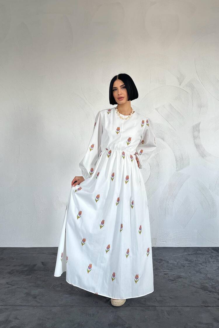 Tulip Patterned Brode Dress - Elisa - Globality Store - Women Clothes Wholesale Turkey