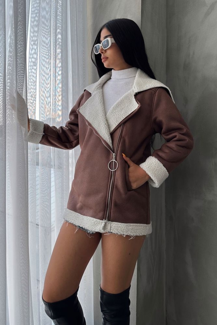 TanLeather Zippered Fur Collar Coat - Topshow - Globality Store - Women Clothes Wholesale Turkey