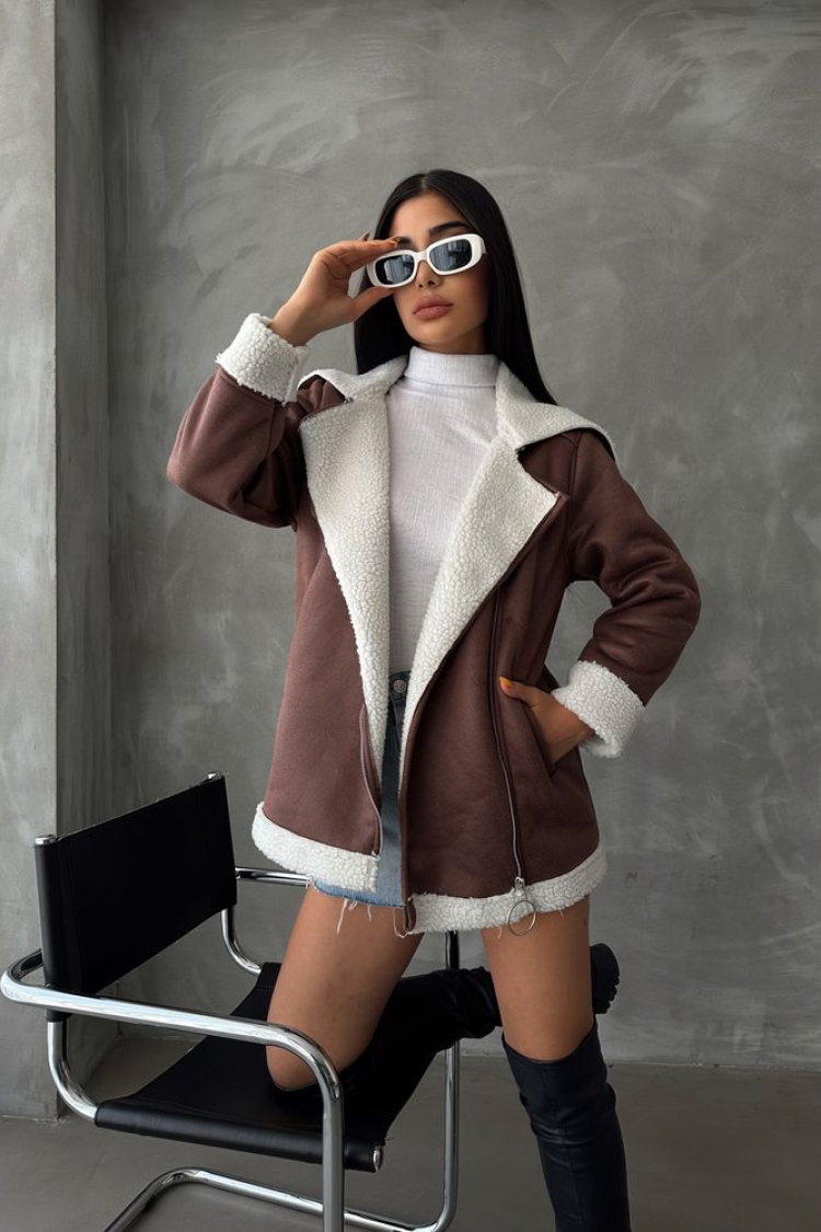 TanLeather Zippered Fur Collar Coat