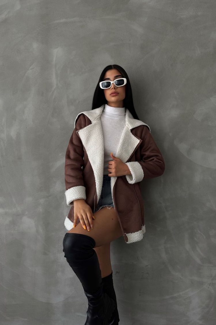 TanLeather Zippered Fur Collar Coat