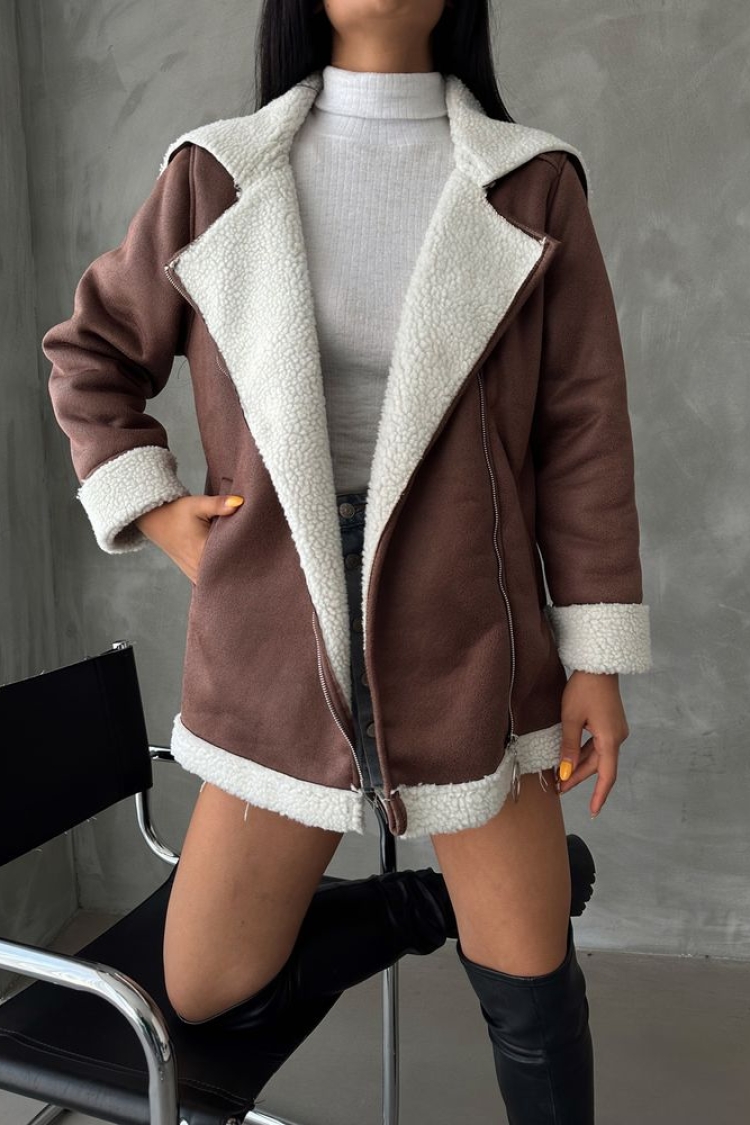 TanLeather Zippered Fur Collar Coat