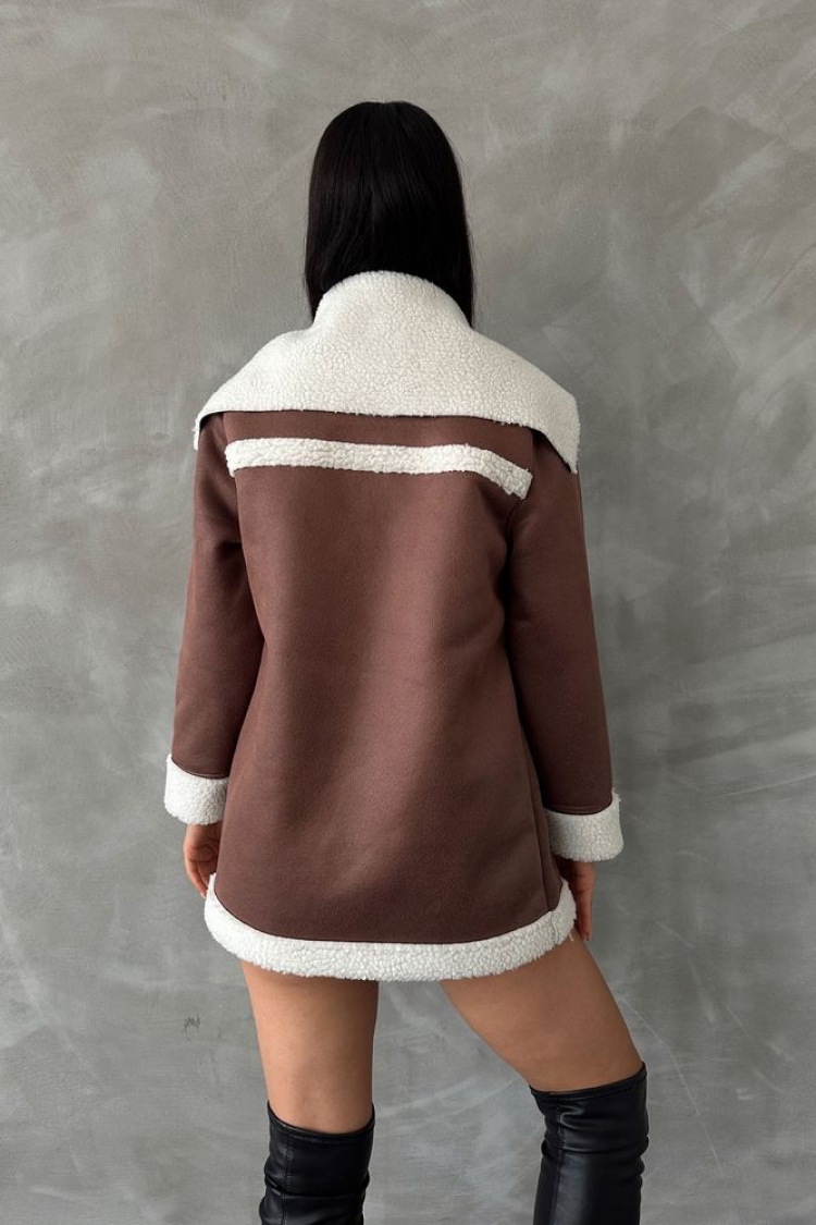 TanLeather Zippered Fur Collar Coat