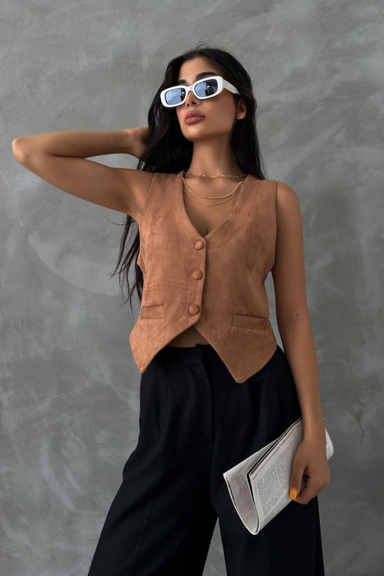 Tan Suede Vest - Topshow - Globality Store - Women Clothes Wholesale Turkey