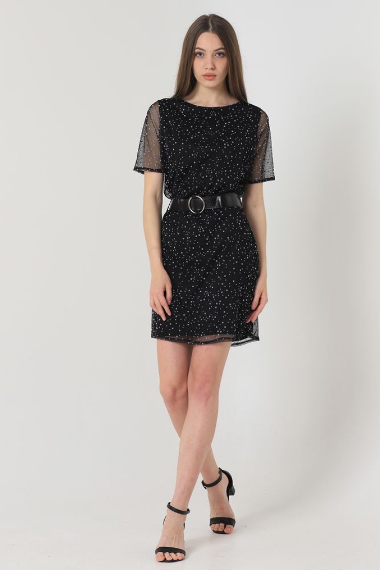 Belted Short Sleeve Dress - Black - Topshow - Globality Store - Women Clothes Wholesale Turkey