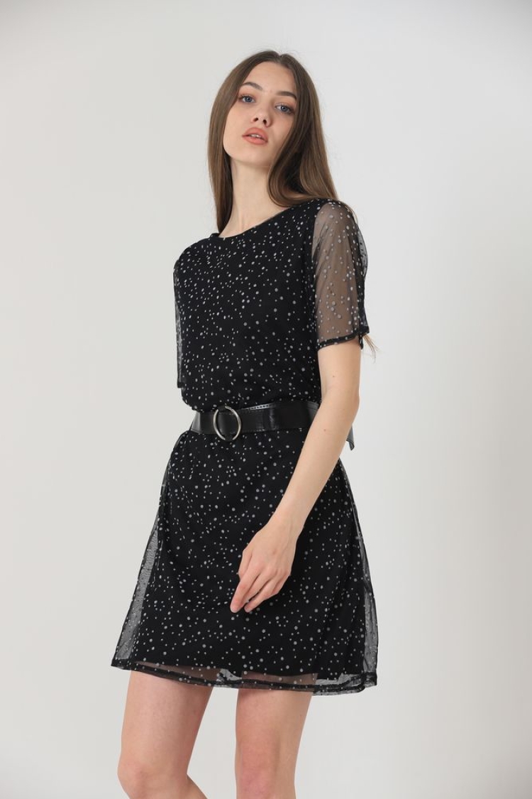 Belted Short Sleeve Dress - Black