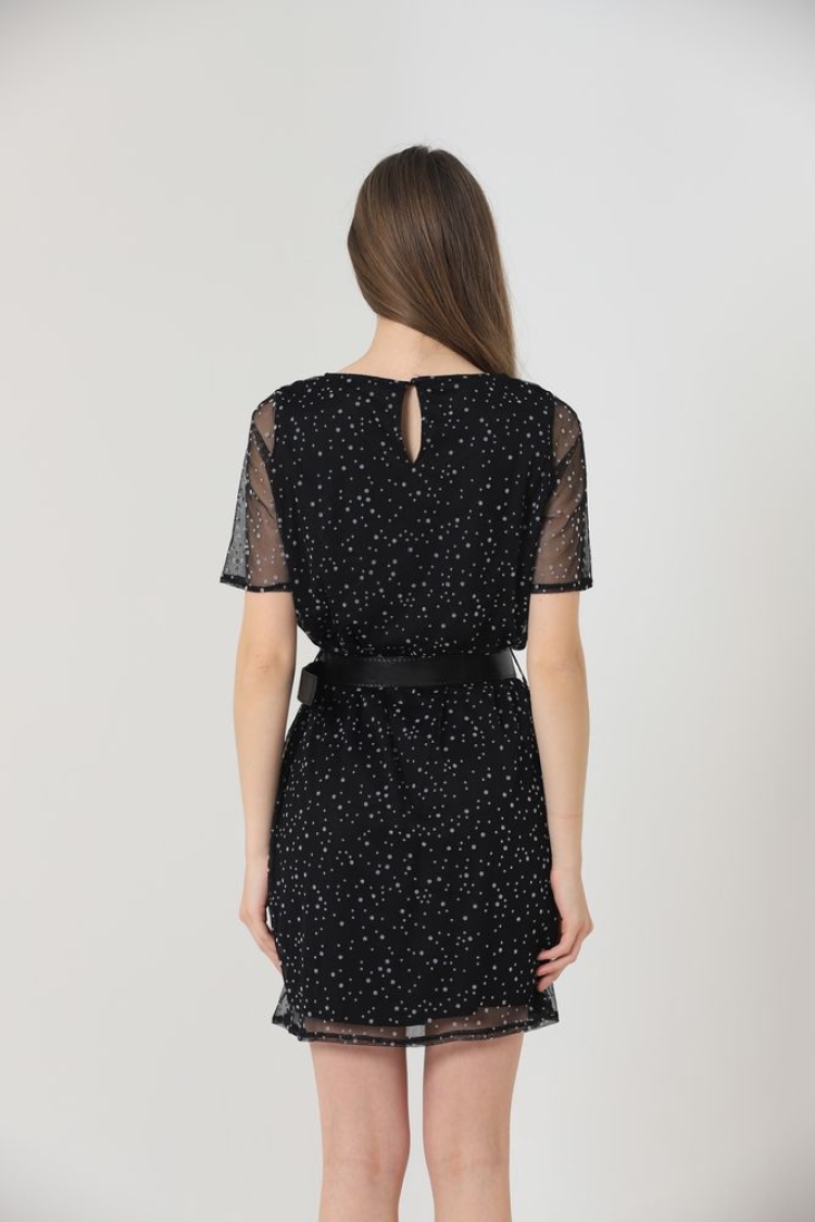 Belted Short Sleeve Dress - Black