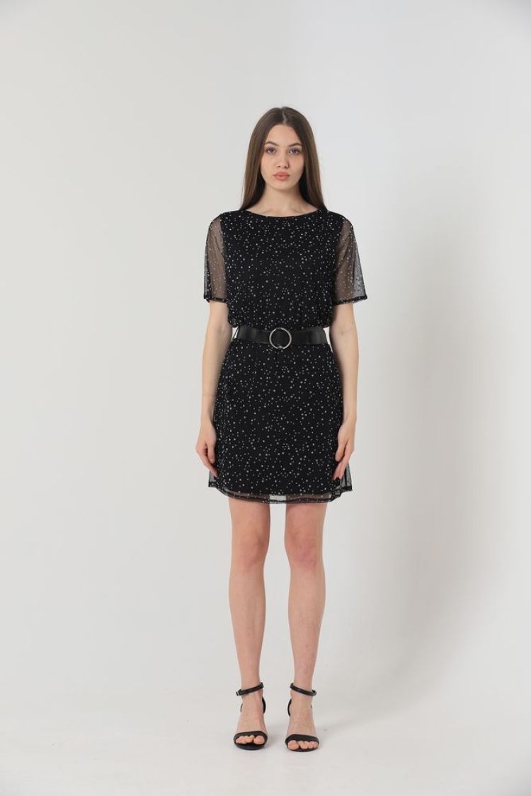 Belted Short Sleeve Dress - Black