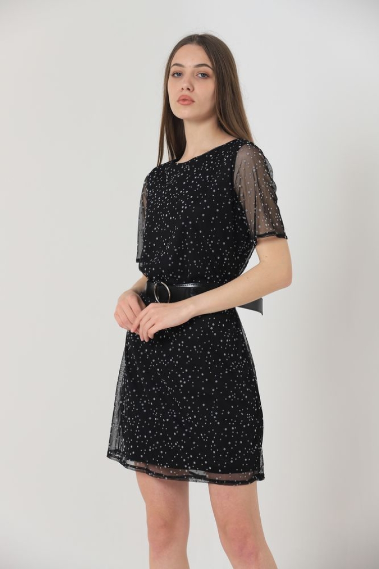 Belted Short Sleeve Dress - Black