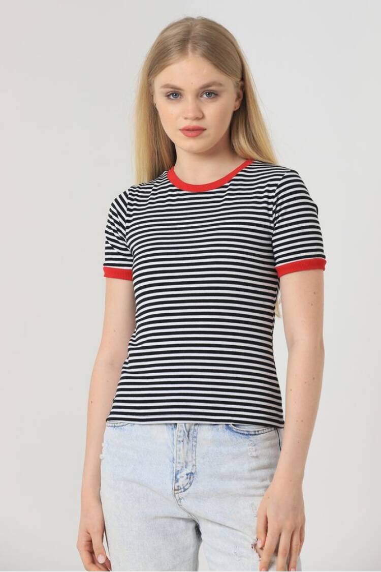 Striped T-Shirt - Black & - Topshow - Globality Store - Women Clothes Wholesale Turkey