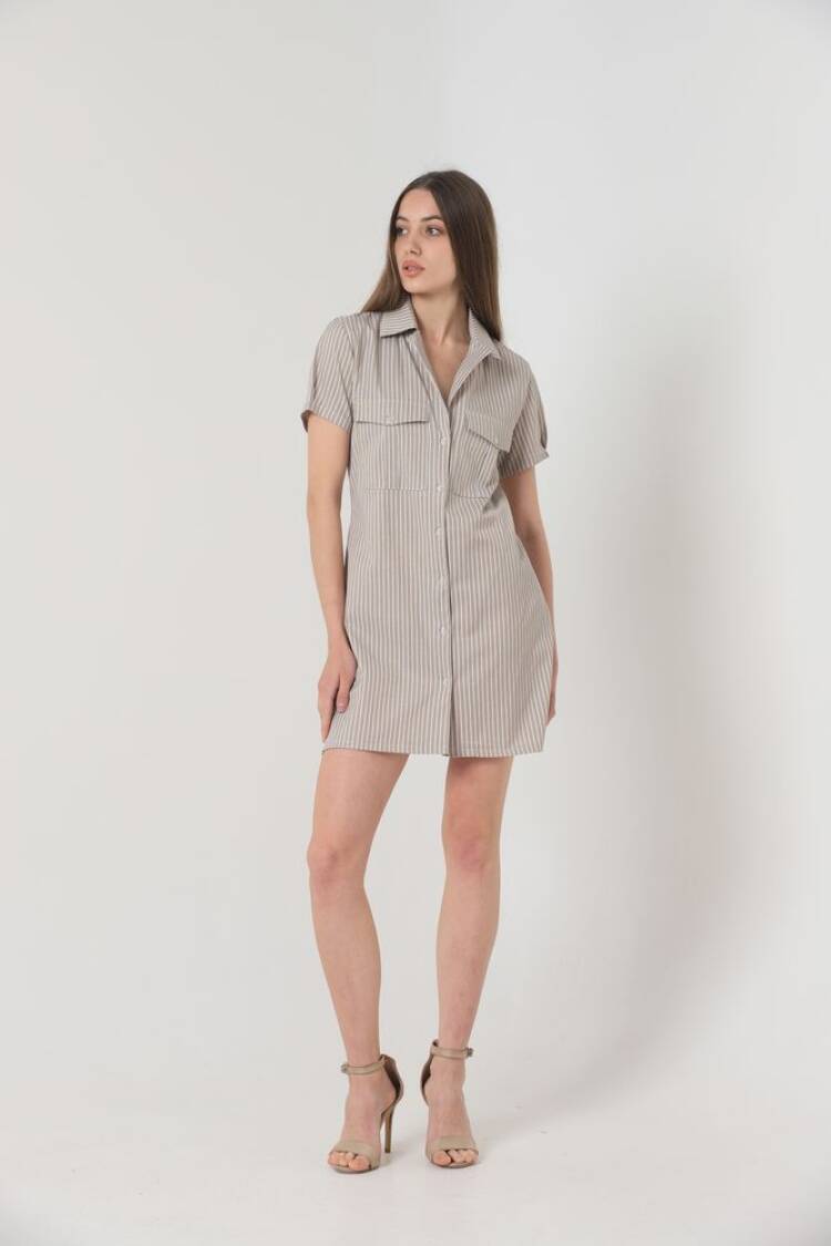 Pocket Above Knee Button Dress -Color