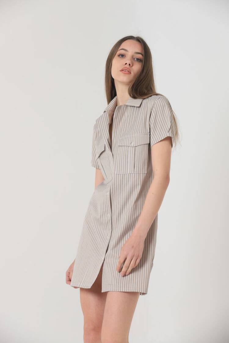 Pocket Above Knee Button Dress -Color