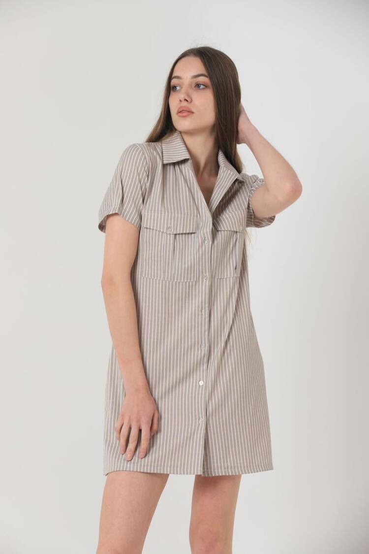 Pocket Above Knee Button Dress -Color