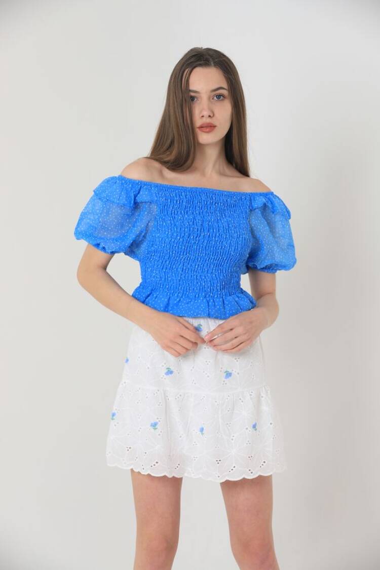 Floral Embroidered Above Knee Skirt -& Blue - Topshow - Globality Store - Women Clothes Wholesale Turkey