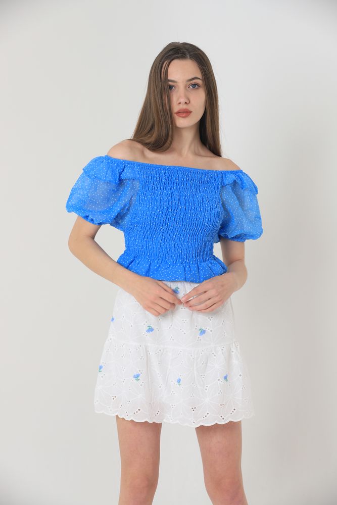 Floral Embroidered Above Knee Skirt -& Blue - Topshow - Globality Store - Women Clothes Wholesale Turkey