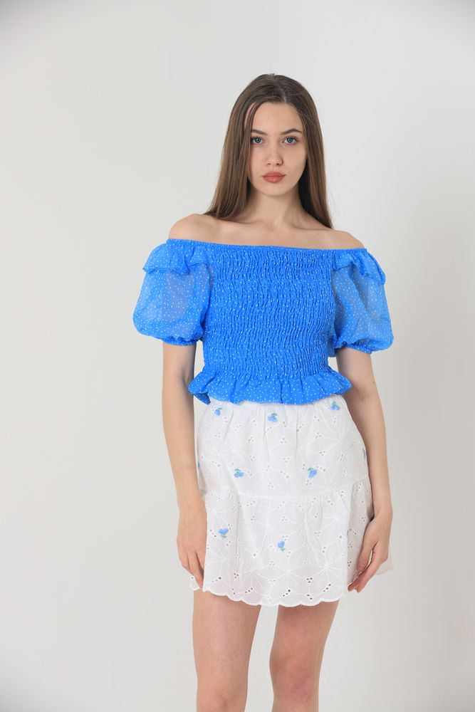 Floral Embroidered Above Knee Skirt -& Blue
