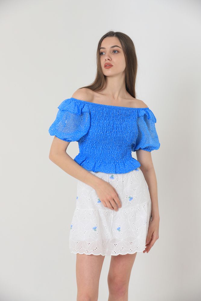 Floral Embroidered Above Knee Skirt -& Blue