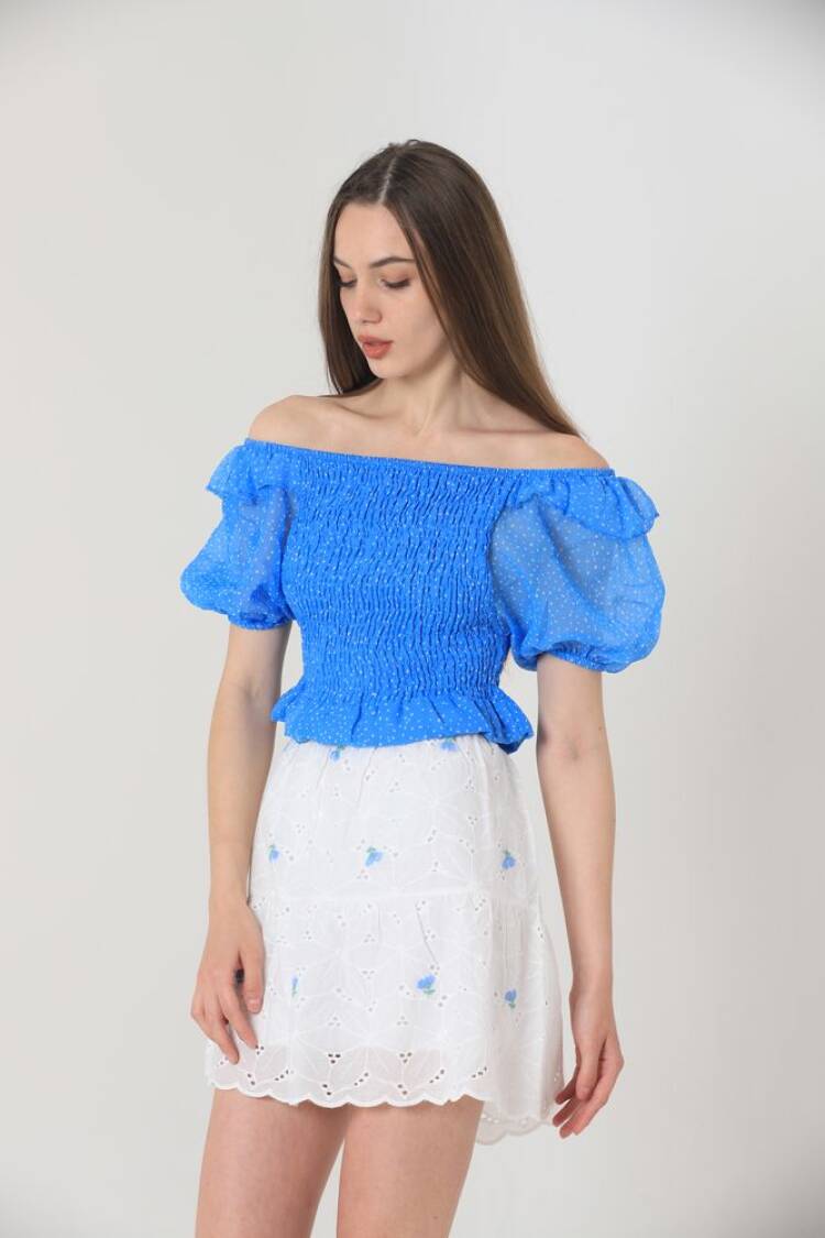 Floral Embroidered Above Knee Skirt -& Blue