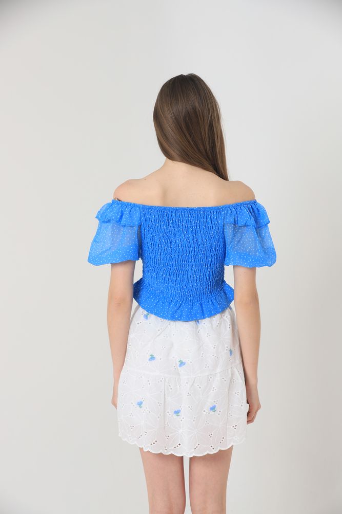 Floral Embroidered Above Knee Skirt -& Blue