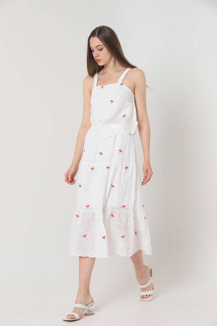 Floral Embroidered Long Skirt - Red & - Topshow - Globality Store - Women Clothes Wholesale Turkey