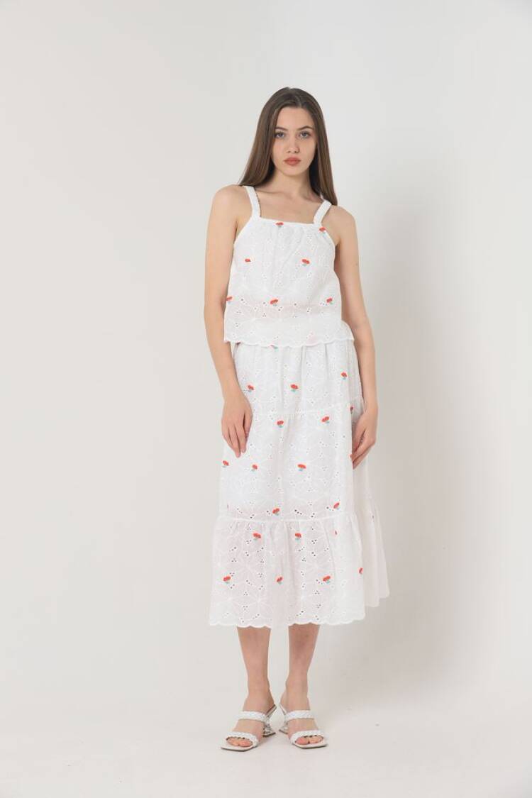 Floral Embroidered Long Skirt - Red &
