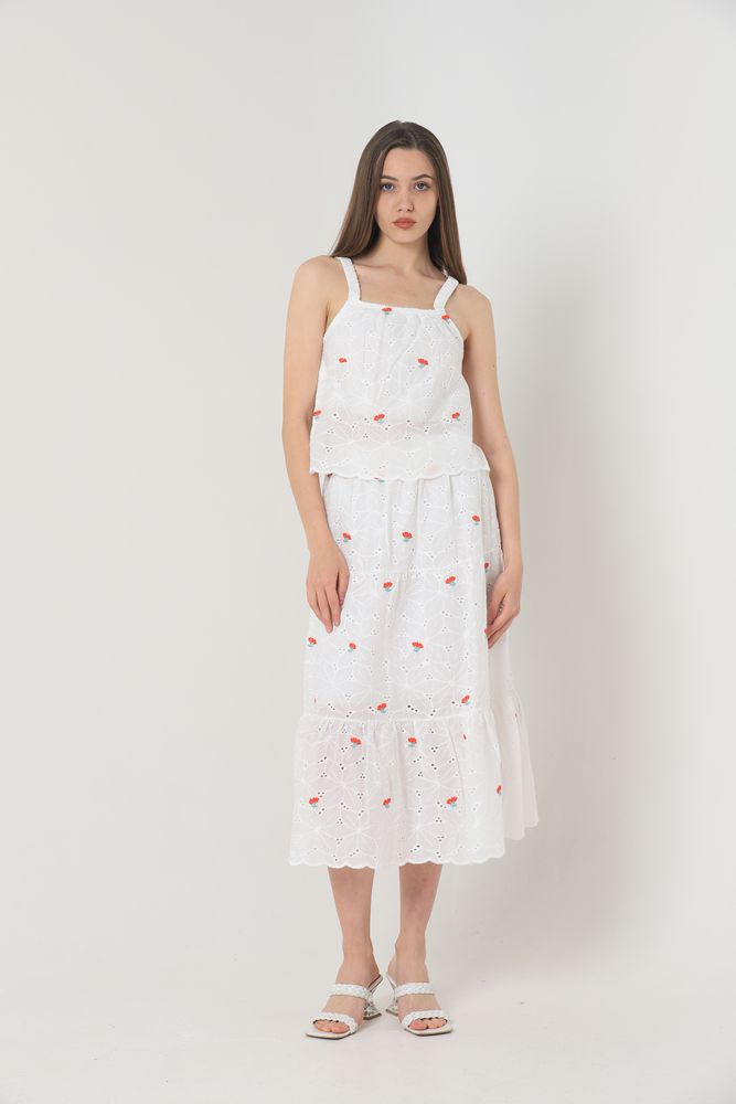 Floral Embroidered Long Skirt - Red &
