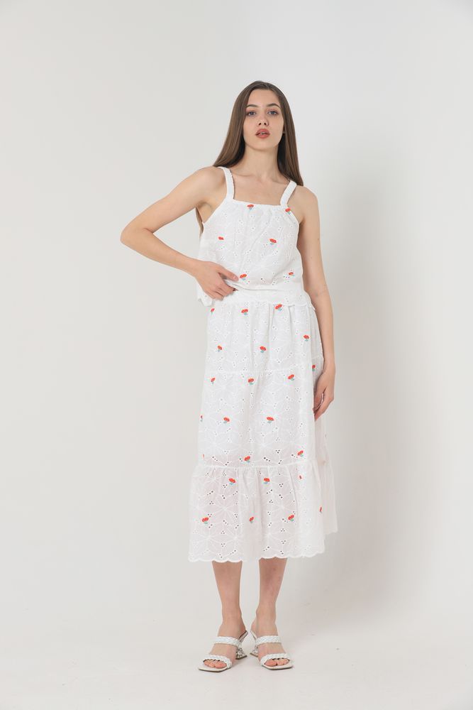 Floral Embroidered Long Skirt - Red &