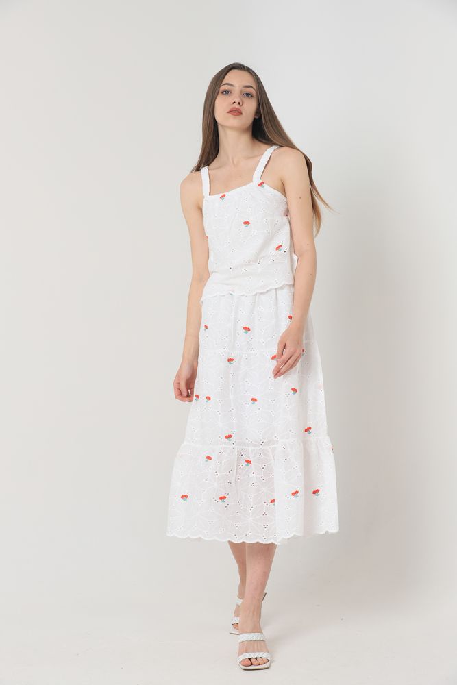 Floral Embroidered Long Skirt - Red &