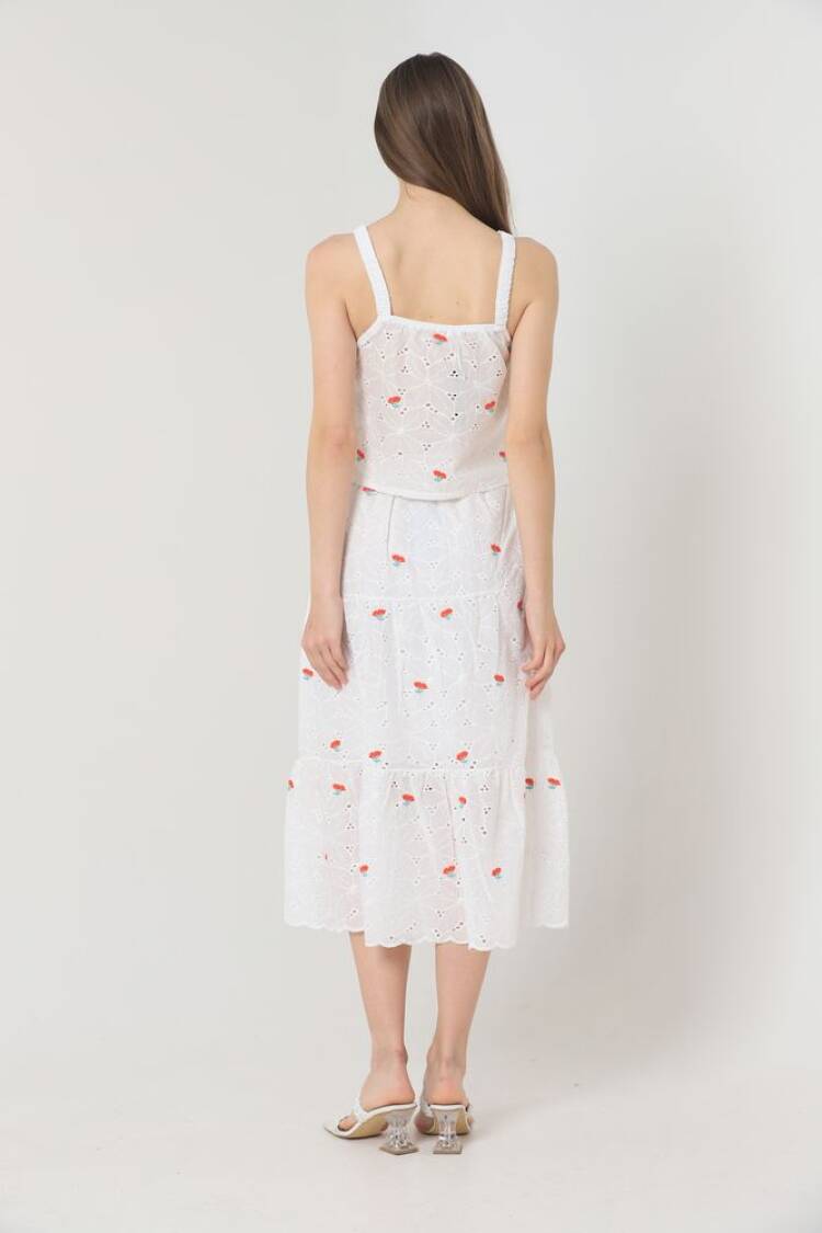 Floral Embroidered Long Skirt - Red &