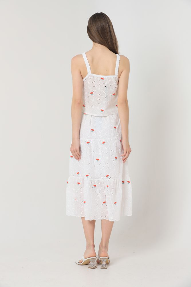 Floral Embroidered Long Skirt - Red &