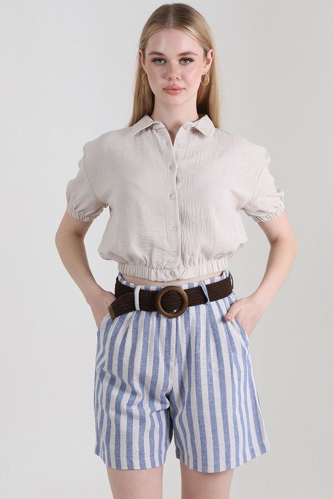 Striped Belted Linen Shorts - Topshow - Globality Store - Women Clothes Wholesale Turkey