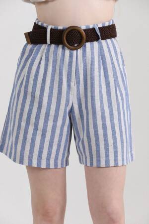 Striped Belted Linen Shorts - Topshow - Globality Store - Women Clothes Wholesale Turkey