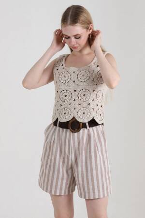 Striped Belted Linen Shorts - Topshow - Globality Store - Women Clothes Wholesale Turkey