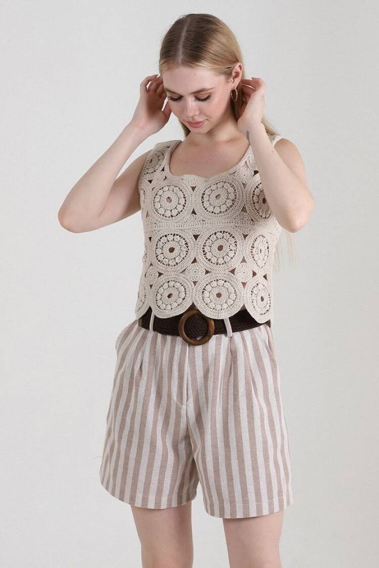 Striped Belted Linen Shorts - Topshow - Globality Store - Women Clothes Wholesale Turkey