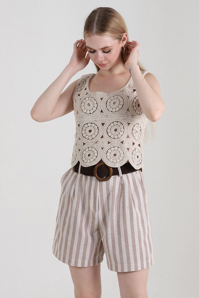 Striped Belted Linen Shorts - Topshow - Globality Store - Women Clothes Wholesale Turkey