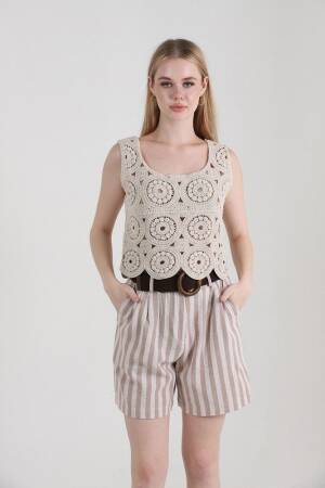 Striped Belted Linen Shorts - Topshow - Globality Store - Women Clothes Wholesale Turkey